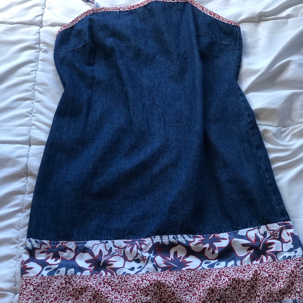 Denim Floral Trim Women’s Strapless Dress - Blue